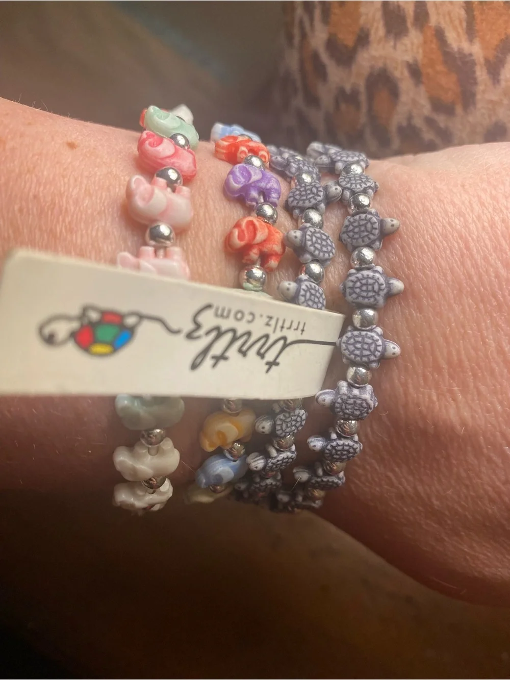 Pack of 4 Multicolor Elephant & Gray Turtle Bead Stretch Bracelets kids or adult